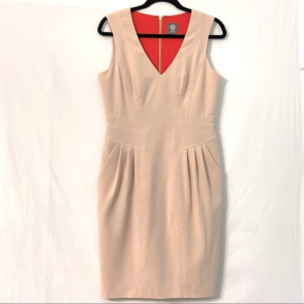 Vince Camuto Beige V-Neck Sheath Work Dress Size 8